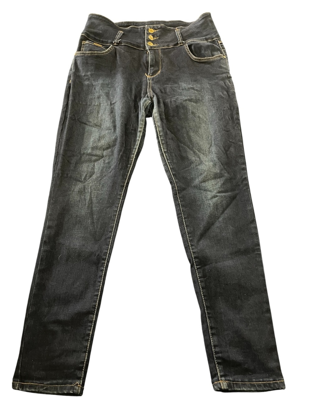 High-Rise Slimming Dark Blue Columbian Skinny Jeans with Triple-Button Waist